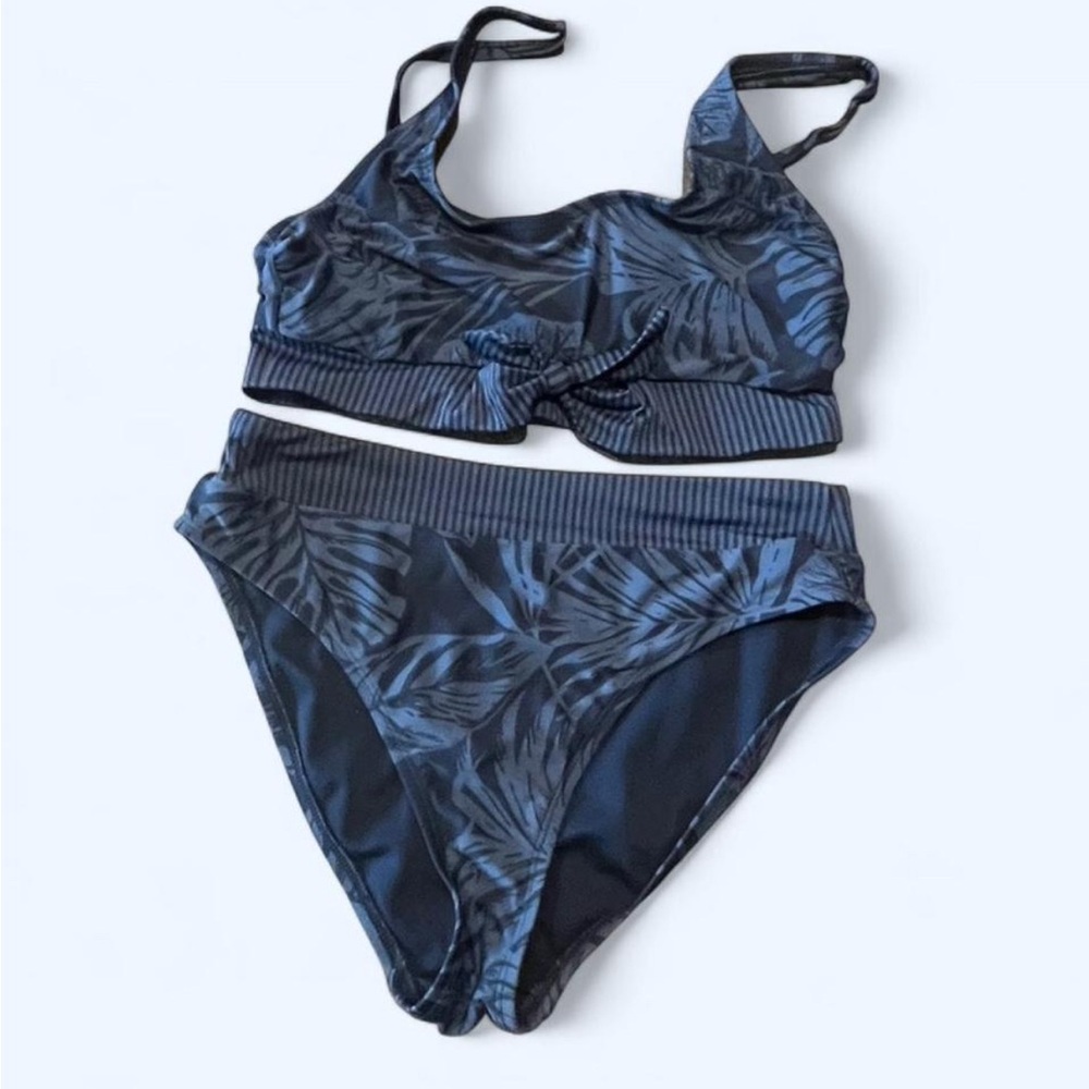 Kona Sol High Waisted Navy Blue/ Light Blue Tropical Print Bikini